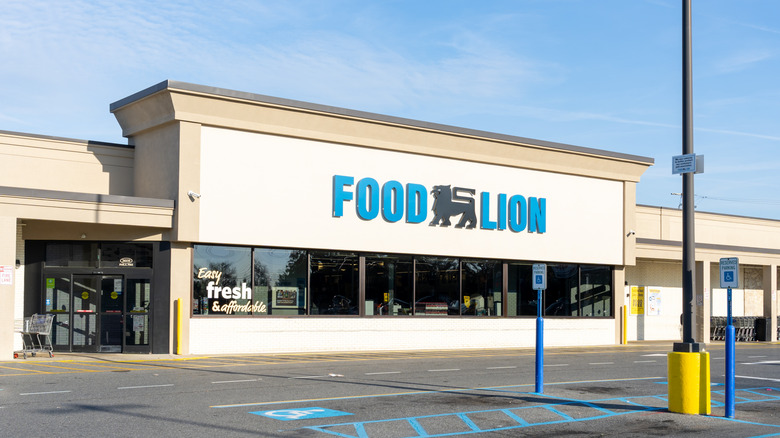 The front of a Food Lion grocery store and an empty parking lot