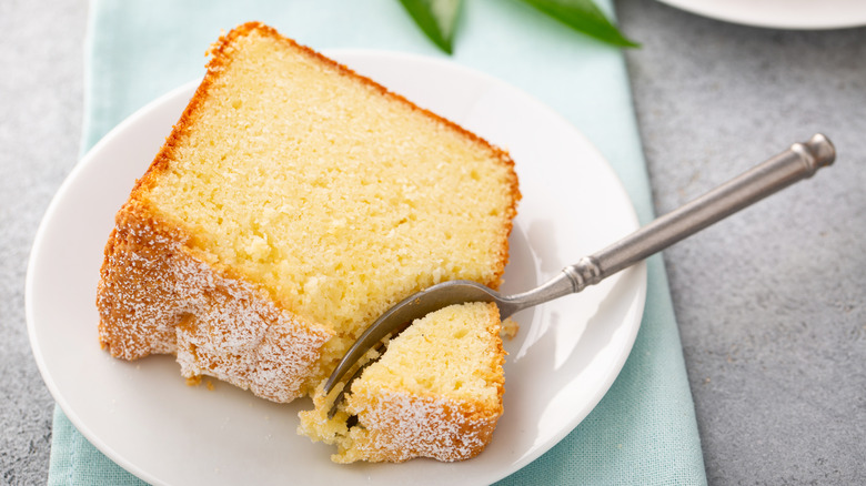 Slice of lemon pound cake with a fork