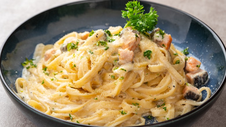 Bowl of fettuccine carbonara