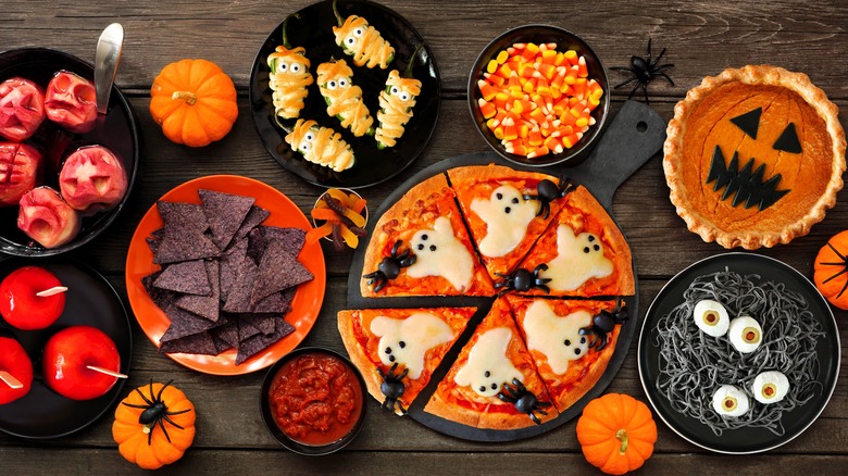 Table of Halloween-themed foods