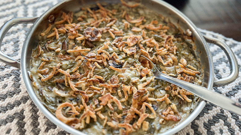 green bean casserole in skillet