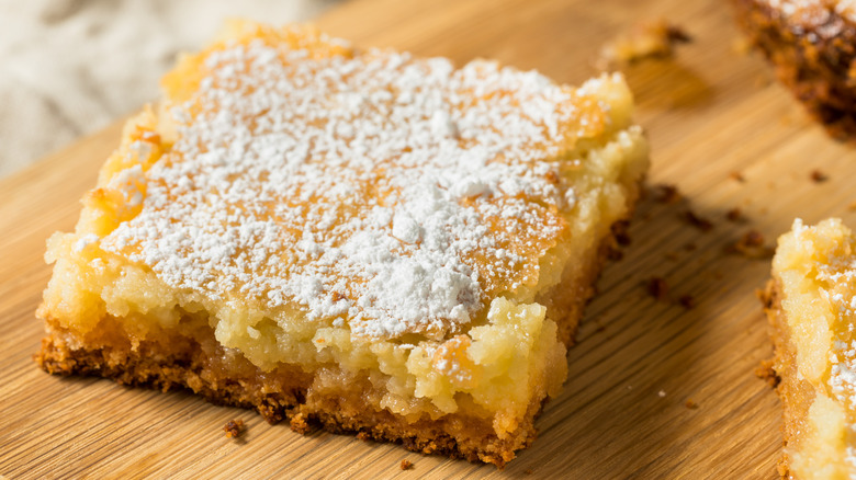 St. Louis gooey butter cake topped with powdered sugar.