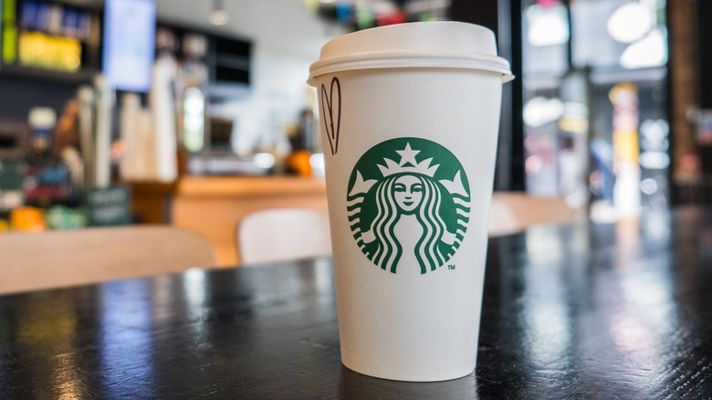 Grande Starbucks paper cup in store.