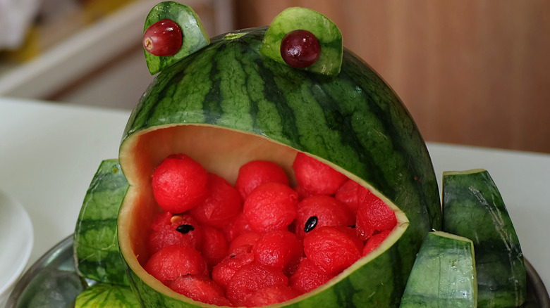 watermelon carved into a frog