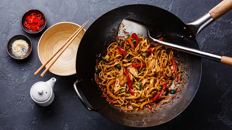 Stir-fried noodles in a wok