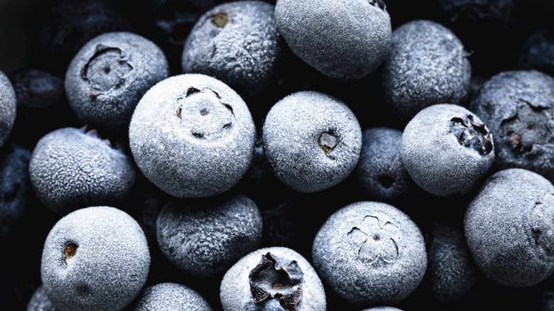 Close up image of frozen blueberries