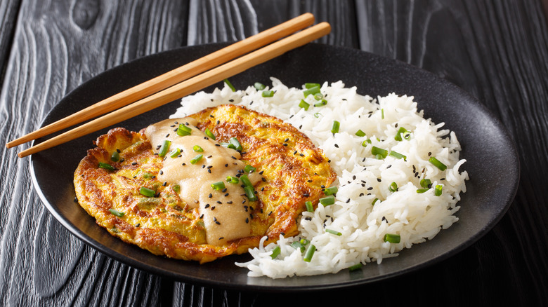 Egg Foo Young served with white rice 