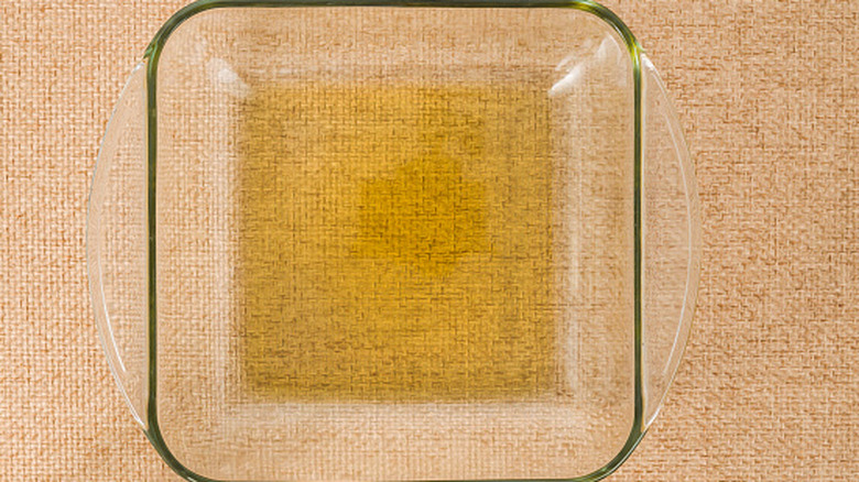 Liquid covering the bottom of a Pyrex dish