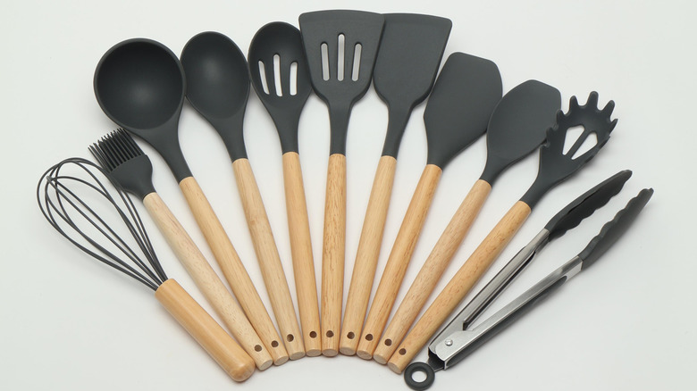 Silicone and wooden cooking utensils