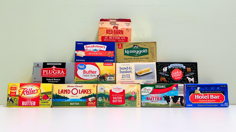 Twelve bands of salted butter stacked together in a pyramid shape