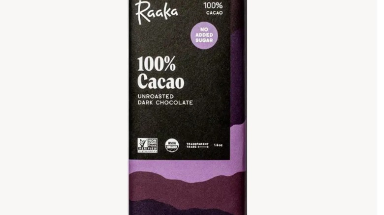 Package of Raaka 100% Cacao Dark Chocolate Bar