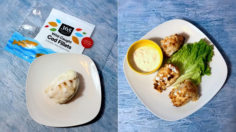 Package and plates of baked and fried cod fillets