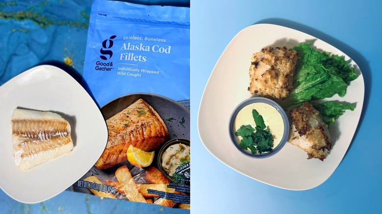 Package and plates of baked and fried cod fillets