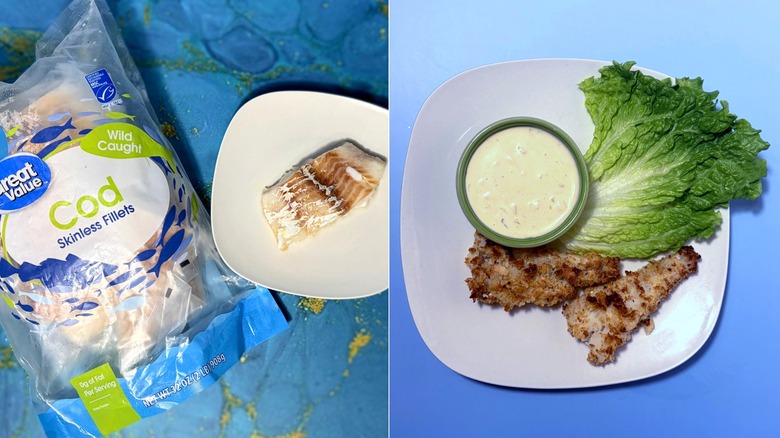 Package and plates of baked and fried cod fillets