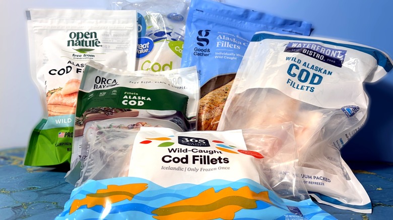 Packages of different brands of cod fillets