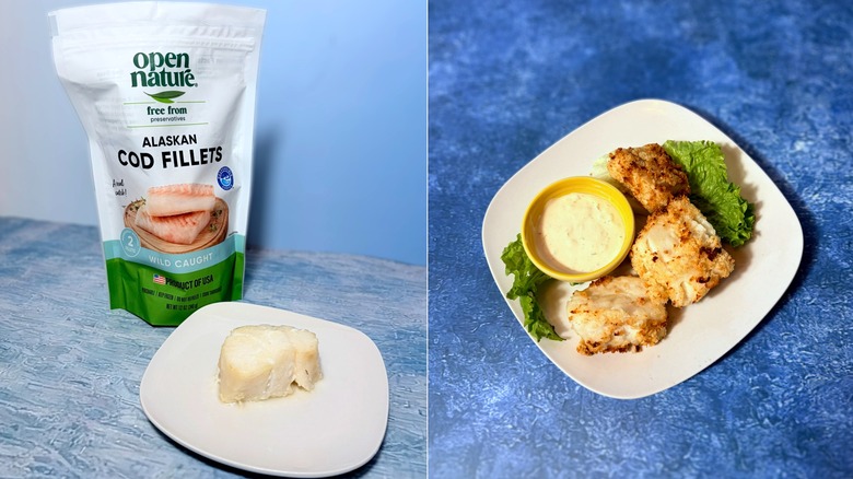 Package and plates of baked and fried cod fillets