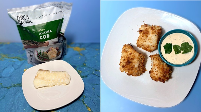 Package and plates of baked and fried cod fillets