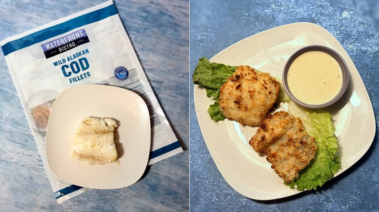 Package and plates of baked and fried cod fillets