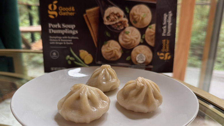 Good & Gather soup dumplings on a plate with a box in background