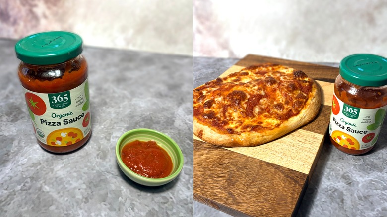 Whole Foods 365 pizza sauce in a jar and bowl, along with a cooked pizza