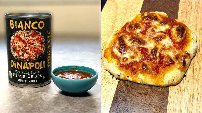 Bianco DiNapoli pizza sauce in a jar and bowl, along with a cooked pizza