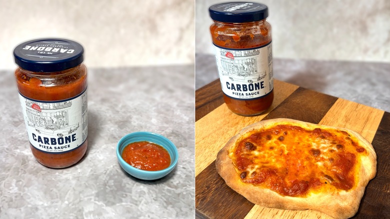 Carbone pizza sauce in a jar and bowl, along with a cooked pizza