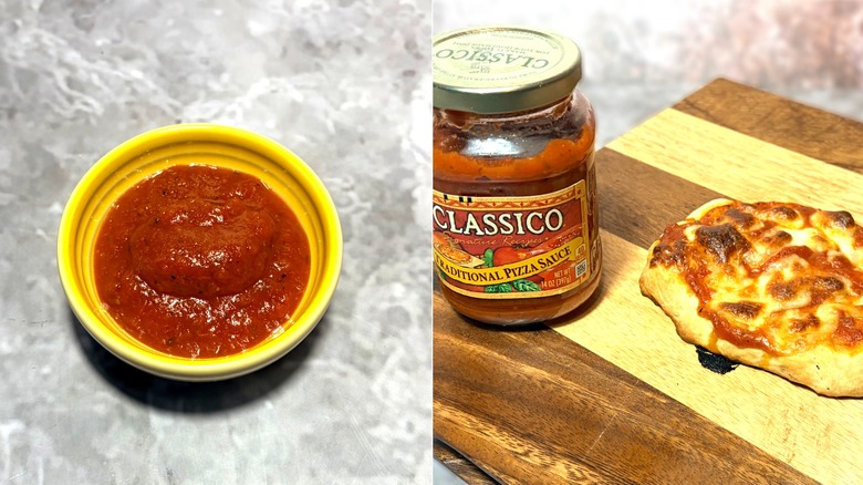 Classico pizza sauce in a jar and bowl, along with a cooked pizza