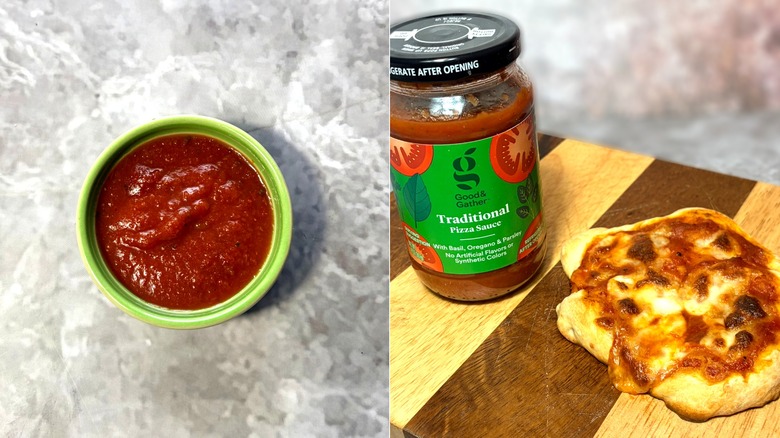 Good & Gather pizza sauce in a jar and bowl, along with a cooked pizza