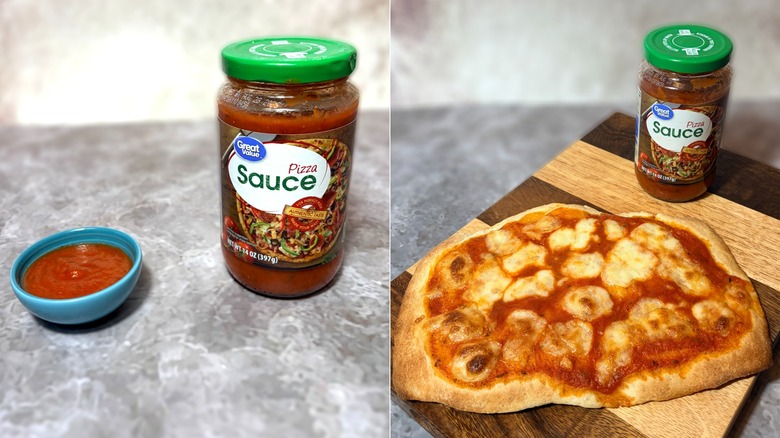 Walmart Great Value pizza sauce in a jar and bowl, along with a cooked pizza