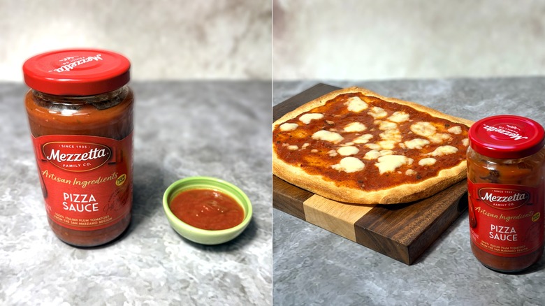Mezzetta pizza sauce in a jar and bowl, along with a cooked pizza
