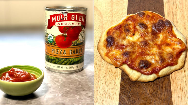 Muir Glen pizza sauce in a jar and bowl, along with a cooked pizza