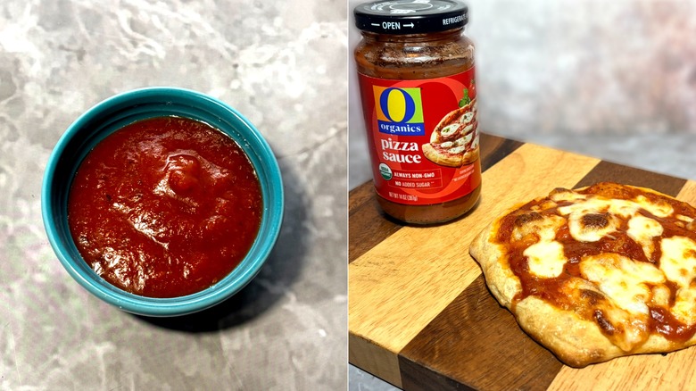 O Organics pizza sauce in a jar and bowl, along with a cooked pizza