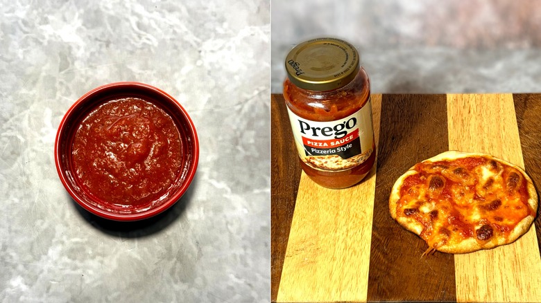Prego pizza sauce in a jar and bowl, along with a cooked pizza