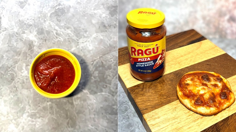 Ragu pizza sauce in a jar and bowl, along with a cooked pizza