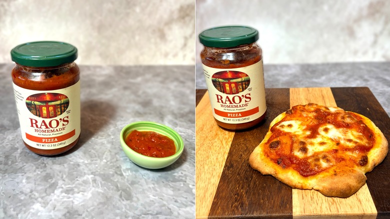 Rao's pizza sauce in a jar and bowl, along with a cooked pizza