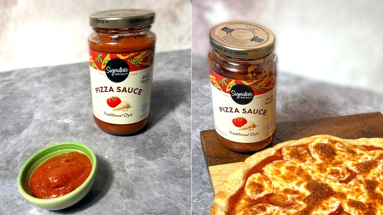 Signature Select pizza sauce in a jar and bowl, along with a cooked pizza