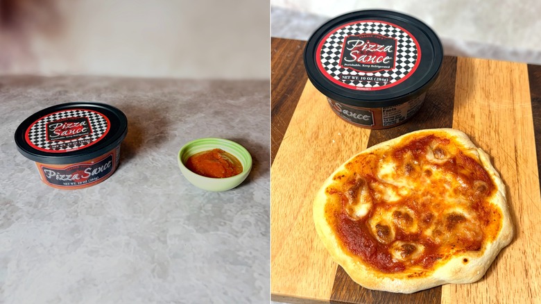 Trader Joe's pizza sauce in a jar and bowl, along with a cooked pizza