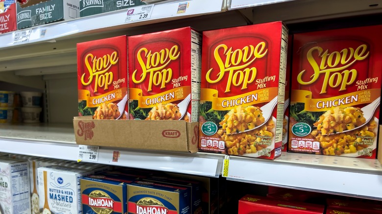 Boxes of Stove Top stuffing on a shelf