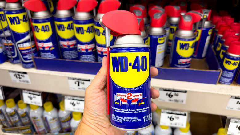 Hand holding a can of WD-40 in front of various other cans in a store