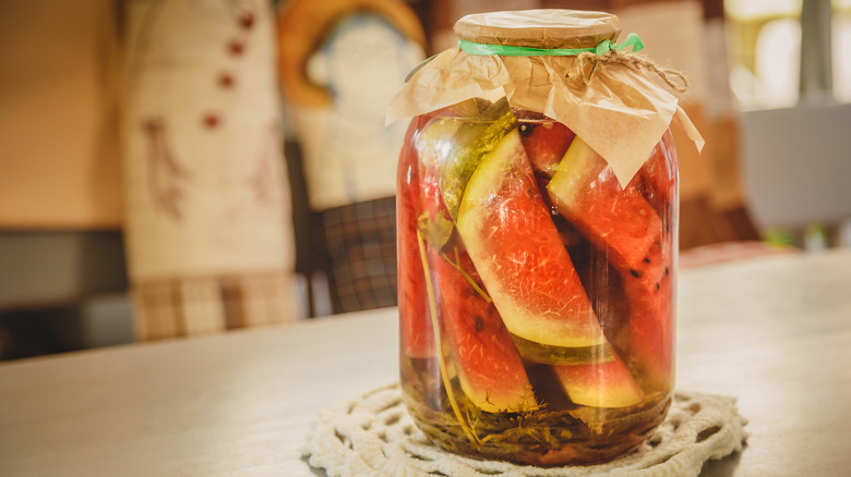 Pickled watermelon in jar