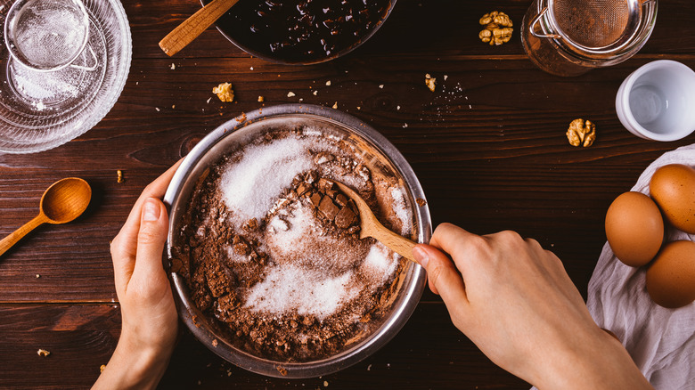 mixing brownie batter