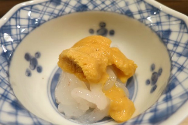Uni over Baby Shrimp at Kanesaka