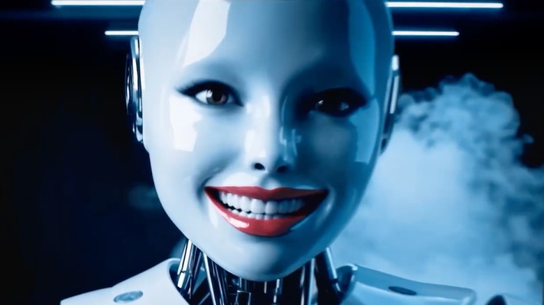 A.I.-generated robot with red lipstick smiling into camera