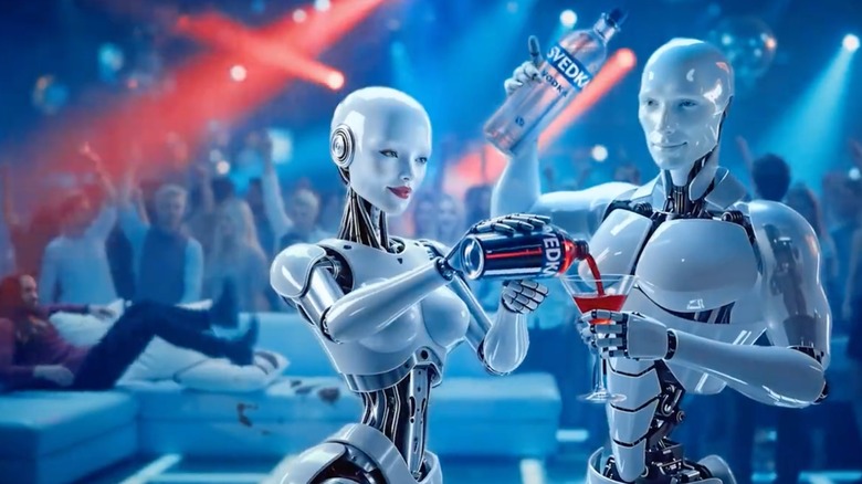 A.I.-generated scene of two robots mixing Svedka cocktail in party.