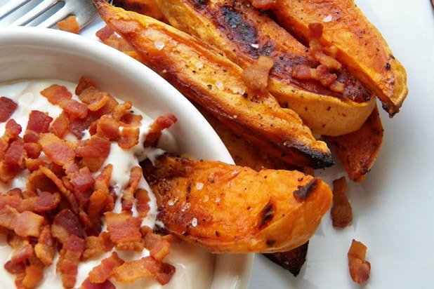 Sweet Potato Wedges with Maple-Bacon Sour Cream
