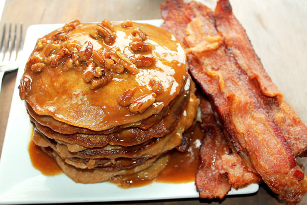 Sweet Potato Pie Pancakes with Pecan Praline Syrup