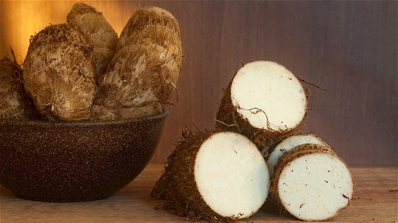 Raw yams cut in half 