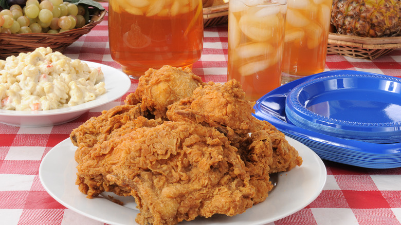 Fried chicken on picnic table