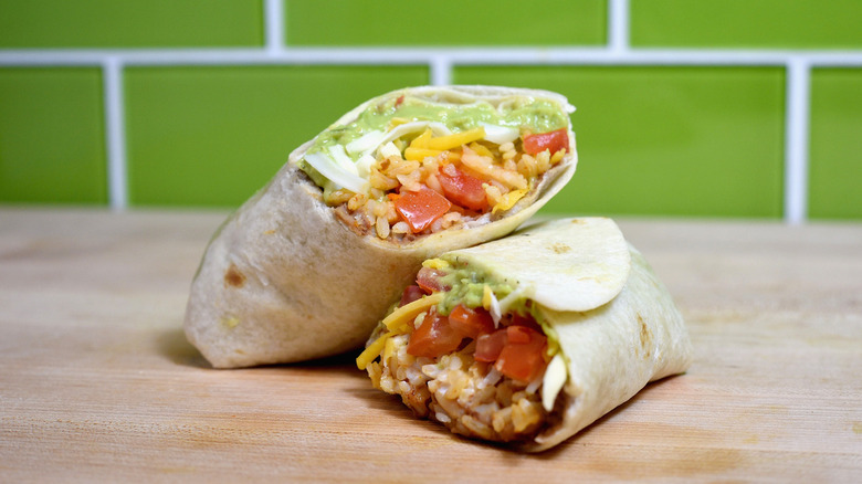 Taco Bell 7-Layer Burrito, sliced in half
