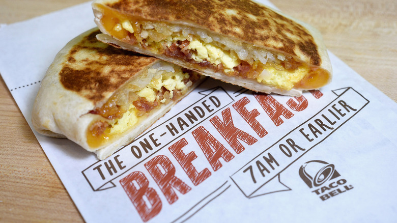 A cross section of a Taco Bell breakfast Crunchwrap